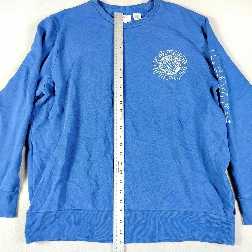 Levi's Sweatshirt Mens 2XL Blue Crewneck Pullover Sleeve Logo Graphic Fleece